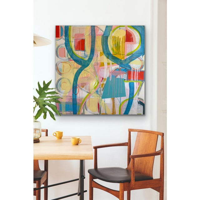 A vibrant original contemporary abstract painting featuring bold structural forms, sweeping teal gestural strokes, and...
