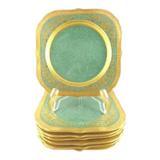 Royal Worcester Green With Elaborate Gilt Trim Square Luncheon Plates - Set of 8 For Sale