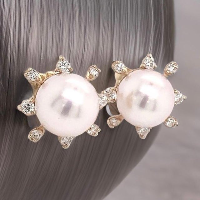 Fine Quality Japanese Akoya Pearl and Diamond Earrings set in 14k Yellow Gold 9.5 mm Certified $3,975 018641 This is one...