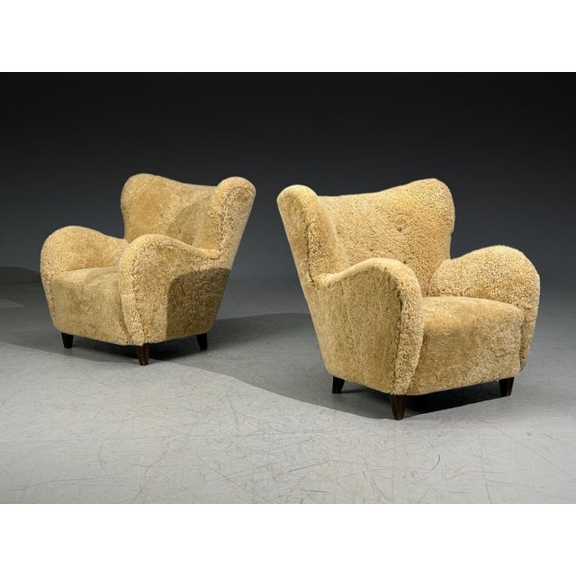 Mid-Century Modern Swedish Modern, Organic Lounge Chairs, Shearling, Wood, Sweden, 1940s For Sale - Image 3 of 12
