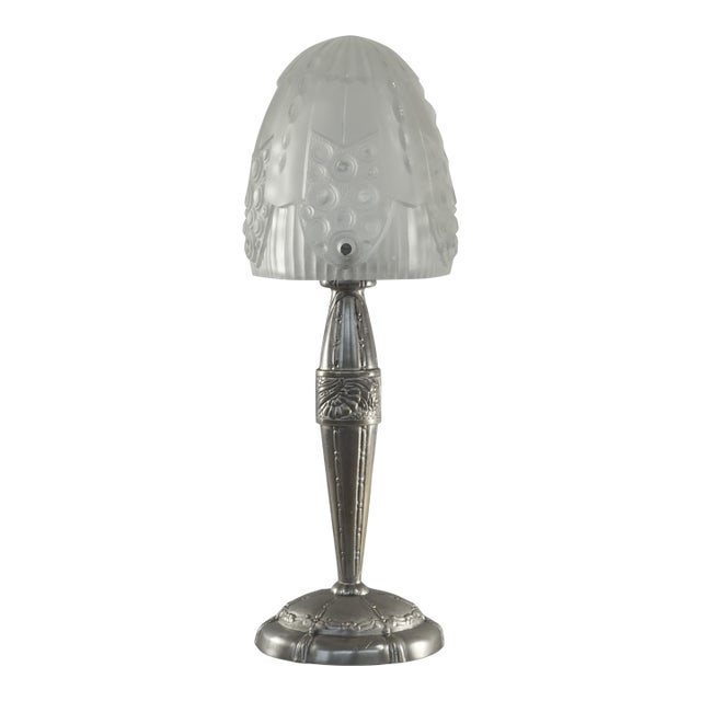Georges Leleu French Art Deco Table Lamp in Frosted Glass & Nickeled Bronze - 1930s For Sale
