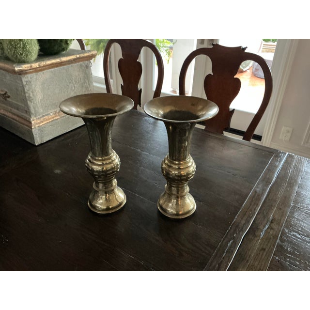 Beautiful, weighty pair of antique Gu-shaped vases. Heavy brass/bronze in lovely condition. From the estate of fine East...