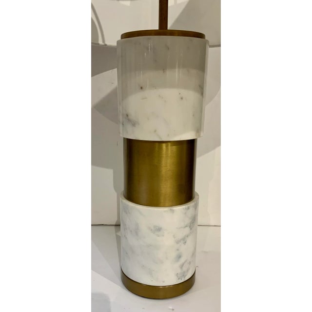 Timeless Modern Marble and Satin Brass Finished Table Lamp, white shade, showroom floor sample