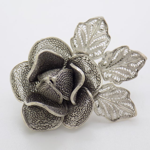 Vintage Italian Handmade Genuine Silver Filigree Rose Shaped Brooch, 1970s For Sale - Image 13 of 13