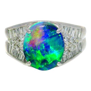 2.57 Carat Australian Black Opal Diamond Platinum Ring, Size 9.5 For Sale