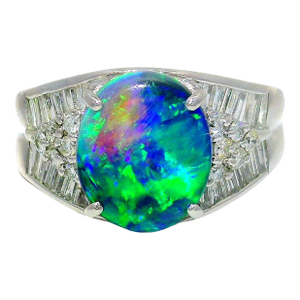 2.57 Carat Australian Black Opal Diamond Platinum Ring, Size 9.5