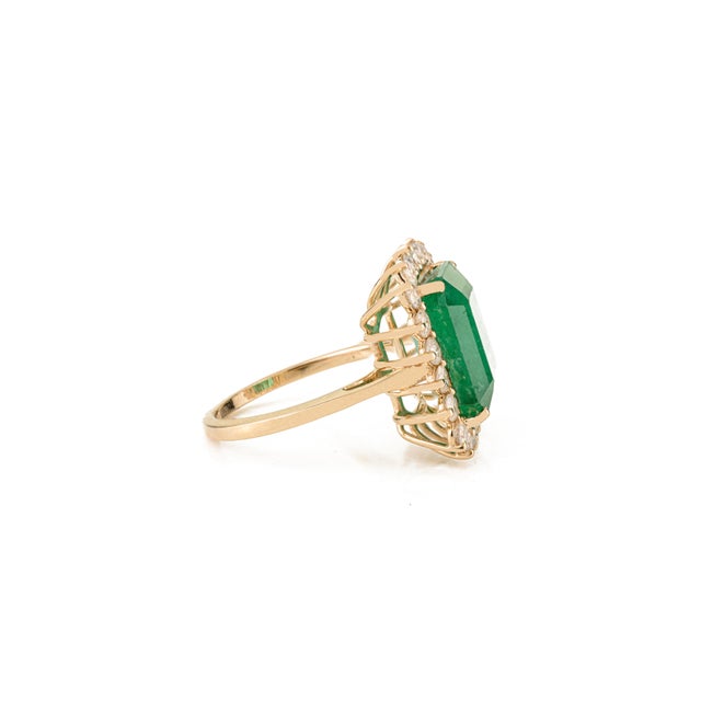 Not Yet Made - Made To Order Certified 7.45Ct Zambian Emerald & 1.01Ct Diamond Halo Ring in 14k Yellow Gold Size 6 For Sale - Image 5 of 17
