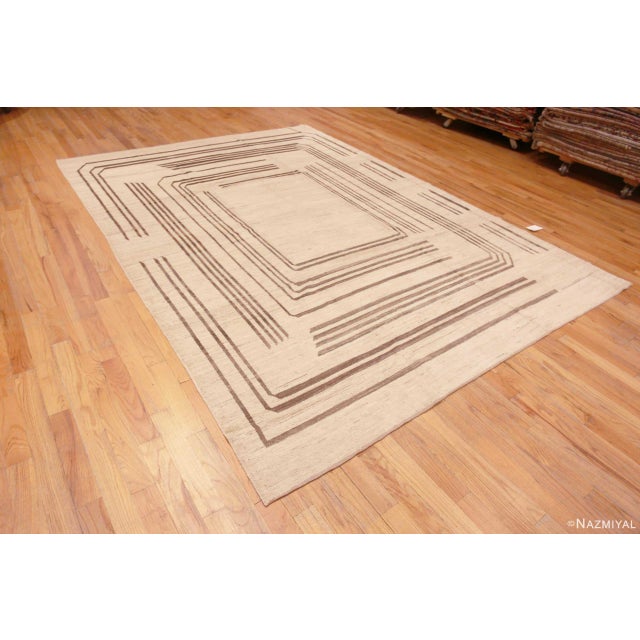 An Artistic Ivory Cream Background Brown Color Simplistic Geometric Square Pattern Modern Room Size Area Rug, Country Of...