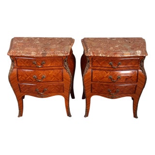 Louis XV Curved Inlaid Bedside Tables with Marble Tops, 20th Century, Set of 2 For Sale