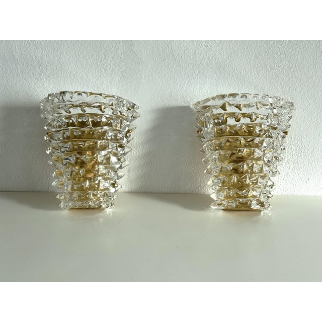 Large Italian Art Deco Style Murano Rostrato Glass and Brass Wall Sconces from Barovier & Toso, 1990s, Set of 2 For Sale - Image 6 of 13