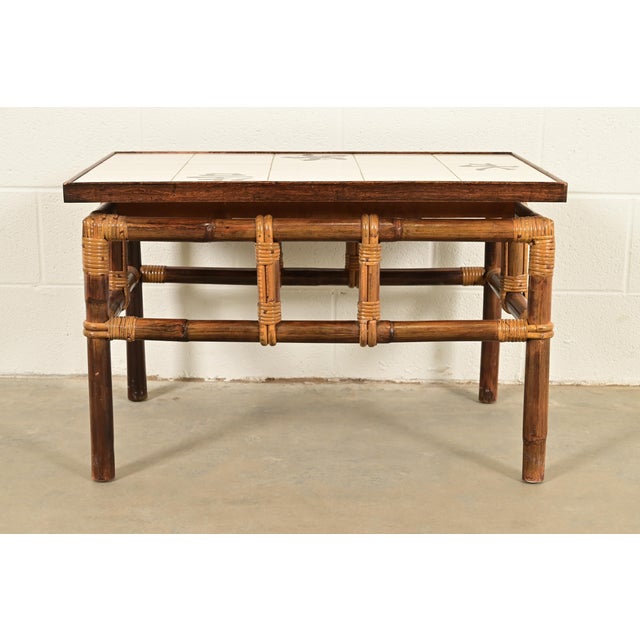 John Wisner for Ficks Reed Mid-Century Hollywood Regency Bamboo Rattan Tile Top Side Table, 1950s For Sale - Image 10 of 11