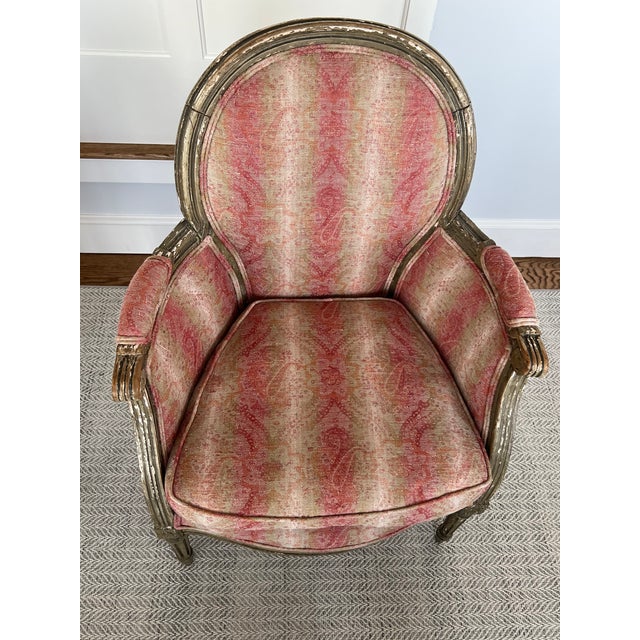 Pair of Petit Antique Chairs With Brocade Rose Colored Striped Fabric For Sale In Portland, ME - Image 6 of 11