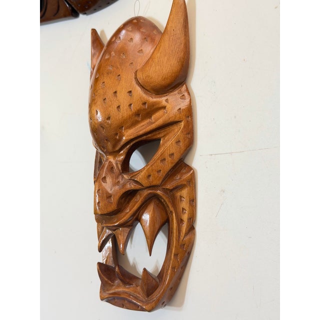 Mid 20th Century Pair of Vintage Philippine Hand-Carved Monkey Pod Wood Dragon & Demon Wall Masks For Sale - Image 5 of 12
