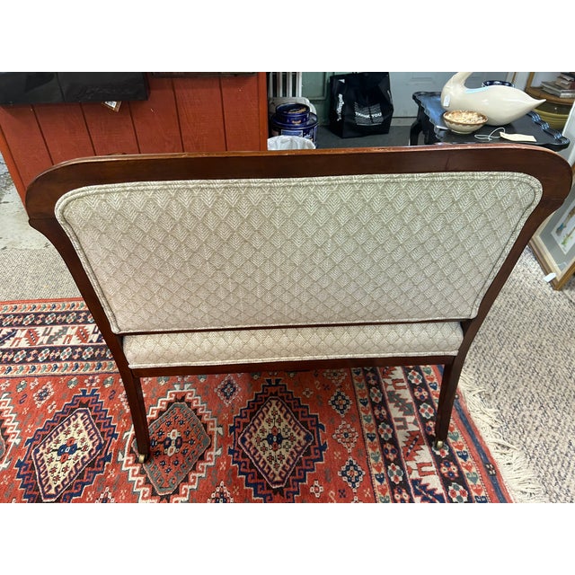 Small Antique Dark Wood Edwardian Loveseat With New Upholstery For Sale - Image 10 of 11