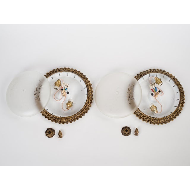 1960s 1960s Spanish Brass Flush Mounts & Etched Frosted Glass - A Pair For Sale - Image 5 of 11