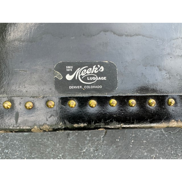 J. & J. W. Meeks Pair of Vintage Meek's Leather Campaign Luggage Trunks Side Tables Nightstands For Sale - Image 4 of 4