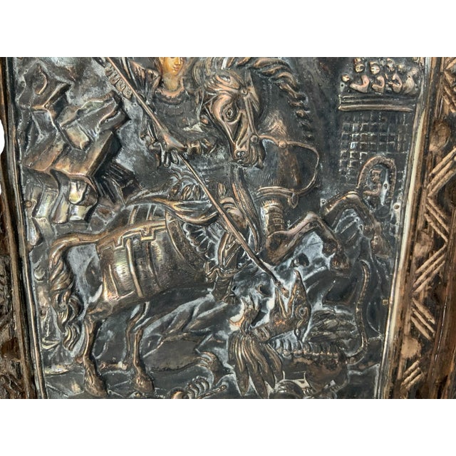 Wood Vintage Theologs Greek Byzantine Icon Saint George 950 Silver Carved Wood Frame Certificate 1993 For Sale - Image 7 of 7