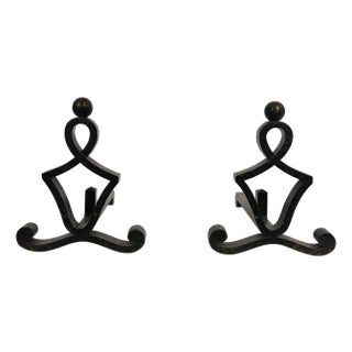 Pair of modernist wrought iron andirons. French work. Circa 1940 For Sale