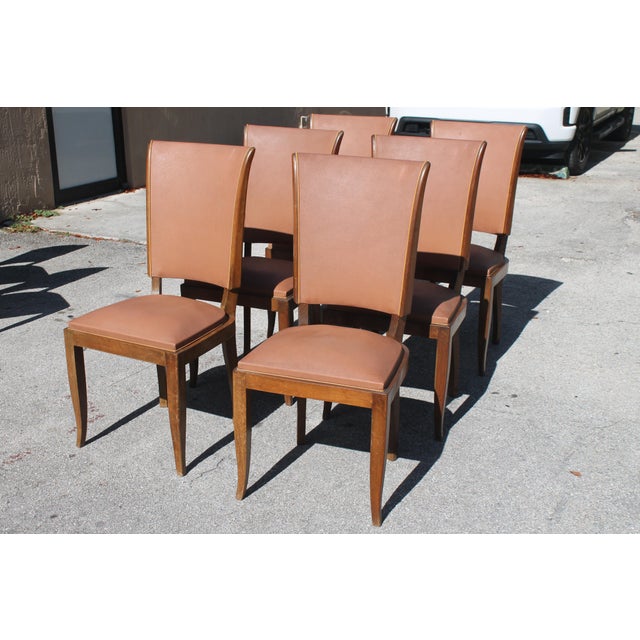 Jules Leleu 1940's French Art Deco Walnut Dining Chairs Style Jules Leleu Set of 6 For Sale - Image 4 of 9