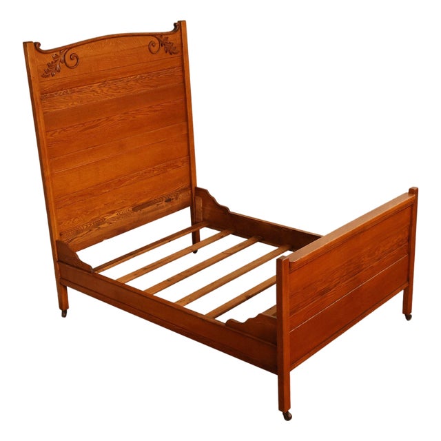 Antique American Victorian Oak Full Size High Back Bed For Sale