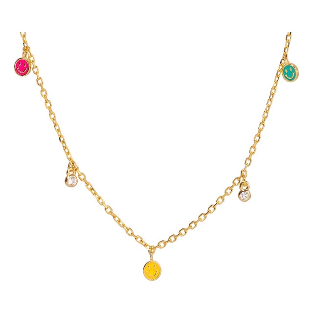 Rainbow Smiley Face Sterling Silver & Diamond Choker Necklace For Sale