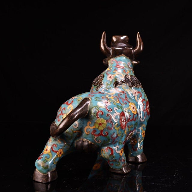 Traditional Vintage Cloisonne Enamel Ox Figure – 9.1" Gilt Mythical Bull Sculpture For Sale - Image 3 of 9