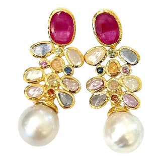 Bochic "Capri" Vintage Ruby & Multi Sapphire Earrings Set In 18K Gold & Silver For Sale