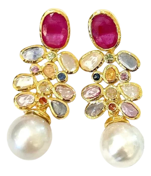 Bochic "Capri" Vintage Ruby & Multi Sapphire Earrings Set In 18K Gold & Silver