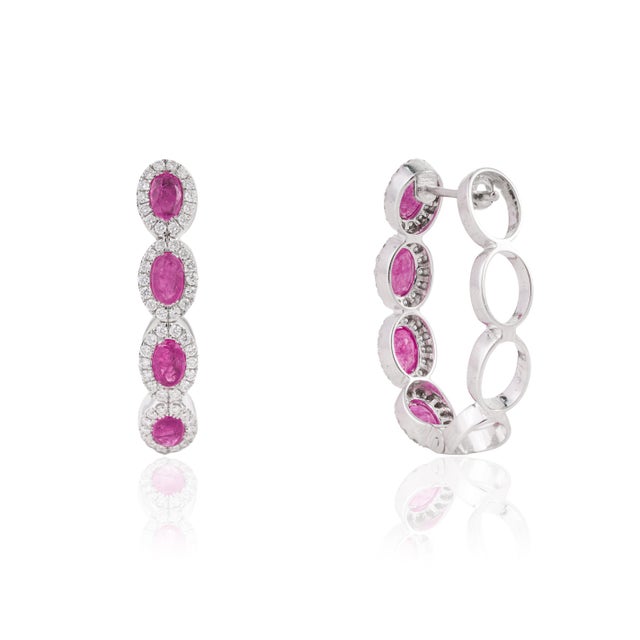 Metal Contemporary 14k Gold Natural 2.02ct Ruby & Diamond Halo Hoop Earrings- 2 Pieces For Sale - Image 7 of 18