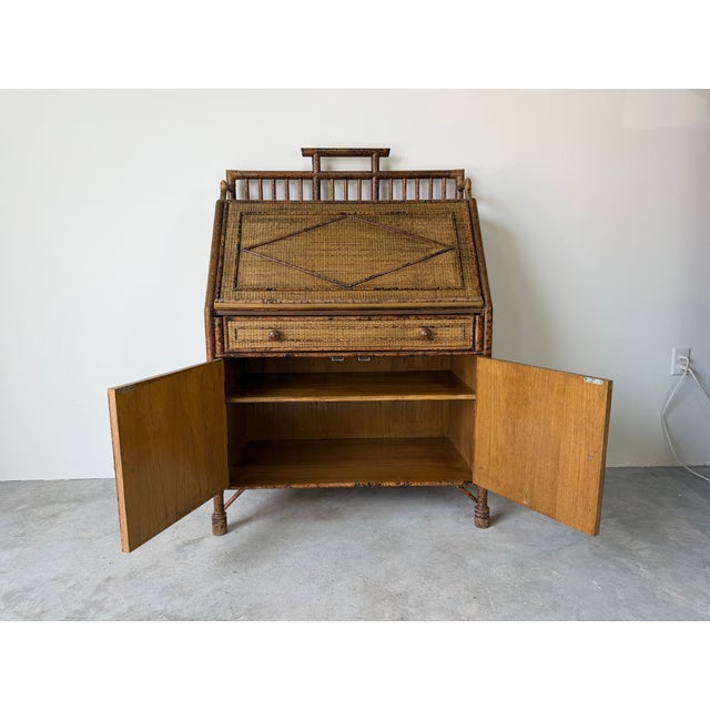 1970’s Vintage Burnt Bamboo & Woven Rattan Drop Front Secretary Desk ...