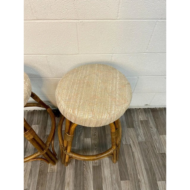 Late 20th Century Boho Rattan Bentwood Bar Stools With Upholstered Seats - Pair For Sale - Image 5 of 7