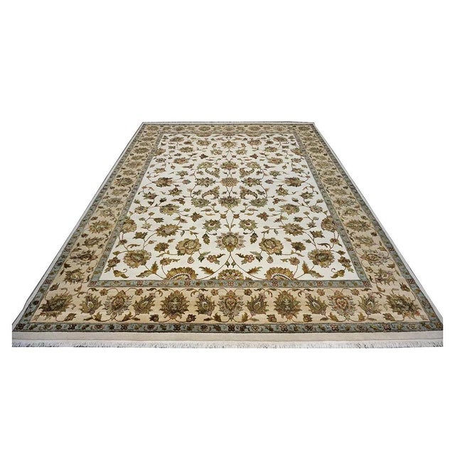 Indian Tabriz Wool & Silk 9x12 White Ivory, Tan, Blue, & Green Handmade Area Rug #1144267 For Sale In Houston - Image 6 of 12