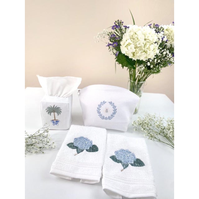 Light Blue Hydrangea Too Terry Guest Towel, Embroidered For Sale - Image 4 of 5