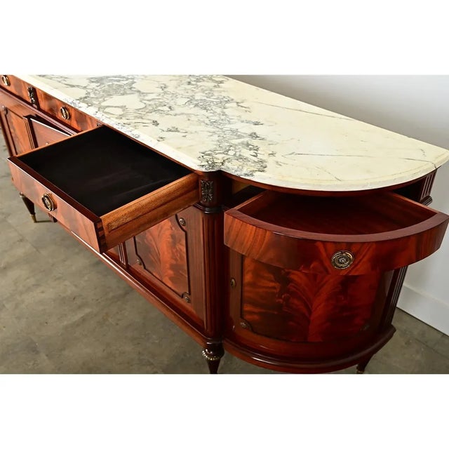 French Vintage Mahogany & Marble Top Curved Enfilade For Sale - Image 9 of 12