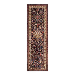 1880s Blue Navy Medallion Antique n.w. Persian Runner Rug 3'3" X 10'3" Handknotted Wool Carpet For Sale