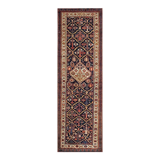 1880s Blue Navy Medallion Antique n.w. Persian Runner Rug 3'3" X 10'3" Handknotted Wool Carpet For Sale