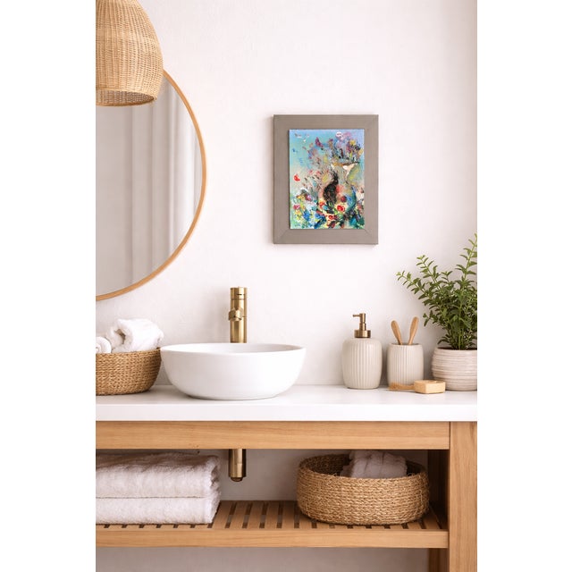 Abstract Floral Oil Painting, Impressionism, by Van Ness Platinum painted wood frame, 12.5"x15.75". Original framed art....