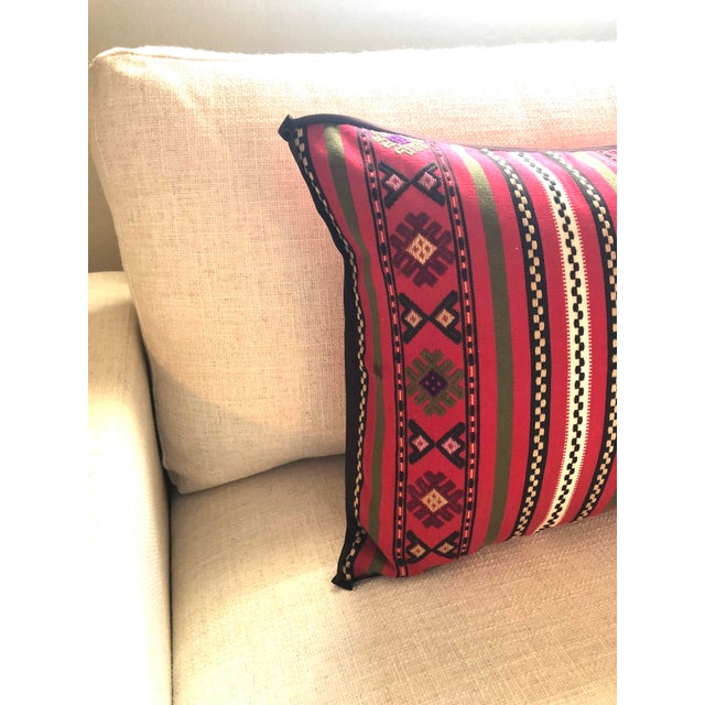 Vintage Red & Black Woven Turkish Decorative Bolster Pillow. Hot pink linen backing and small flat black trim all-around....