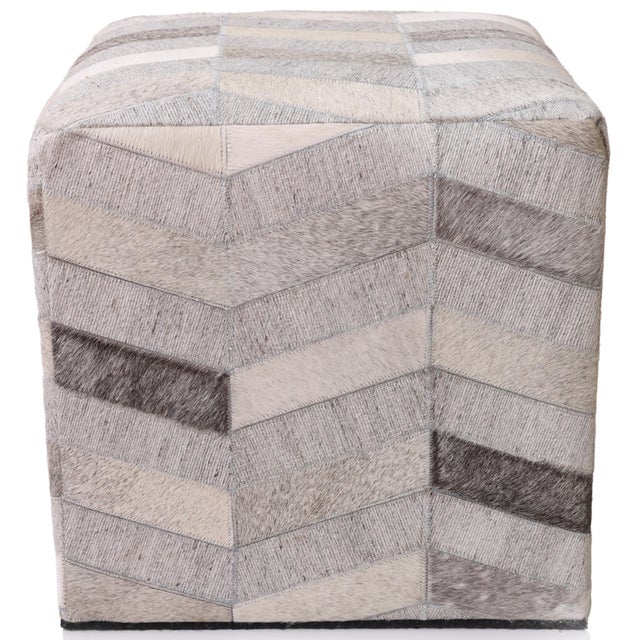 Handmade Patchwork Cowhide Leather Cube Ottoman Pouf 18x18x18 in Neutral For Sale - Image 4 of 9