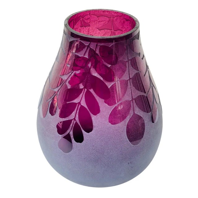 1980s Ken Benson Ls Signed Purple Amethyst Cameo Carved Leaves Frosted Art Glass Vase For Sale - Image 13 of 13