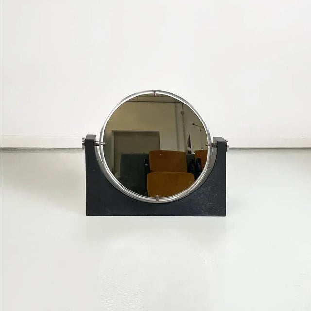 Italian modern table mirror in slate an metal by Angelo Mangiarotti, 1980s Double round table mirror with metal frame. The...