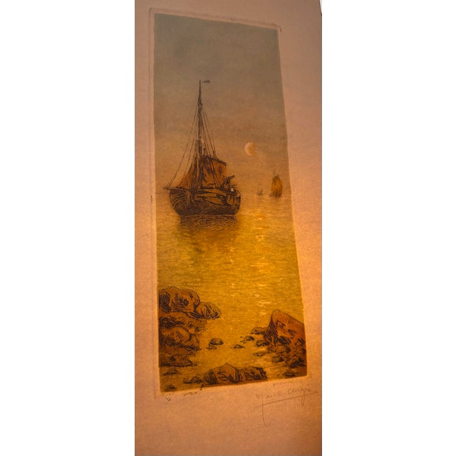 Antique Marcel Augis Signed Aquatint Etching – Moonlit Harbor Sailing Ship – SZL Blindstamp, French Marine C. 1910–1935 For Sale - Image 10 of 11