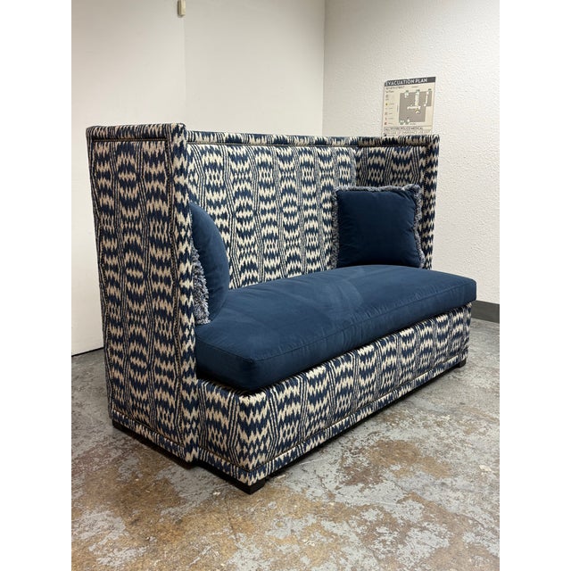Contemporary Bernhardt Interiors Marcourt Custom Navy Ikat Fabric Banquette For Sale - Image 3 of 12