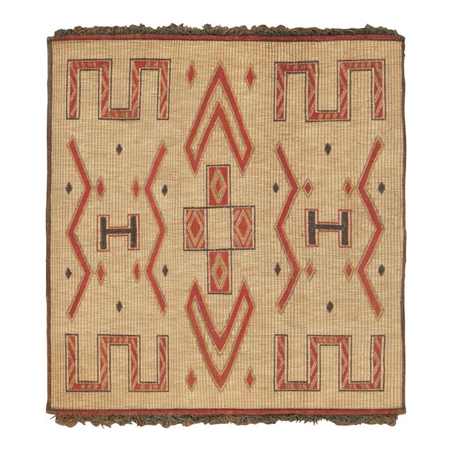 Vintage Square Tuareg Mat in Red and Beige Tribal Geometric Patterns For Sale