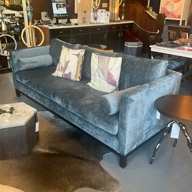 Mid-Century Modern York Modern Blue Velvet Sofa With Bolster Pillows For Sale - Image 3 of 3