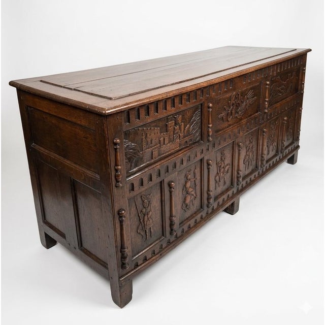 English 1970s English Carved Oak Coffer With Knight & Castle Motifs For Sale - Image 3 of 12