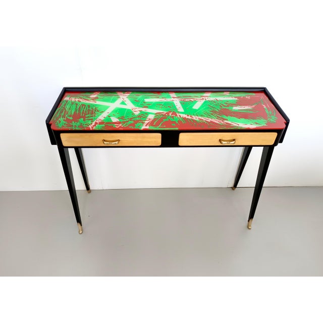 1950s Black Beech Console Table with Red and Green Back-Painted Glass Top, Italy, 1950s For Sale - Image 5 of 15