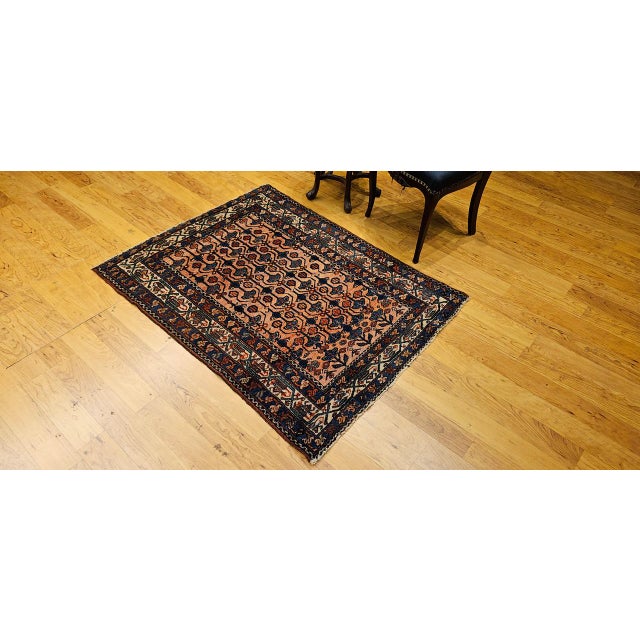Antique Persian Malayer Area Rug, Hand-Knotted Wool, Geometric Pattern, 4x5, Red & Navy For Sale - Image 4 of 16