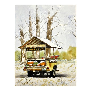 Original Watercolor Ink and Wash Painting “Pumpkin Cart” For Sale