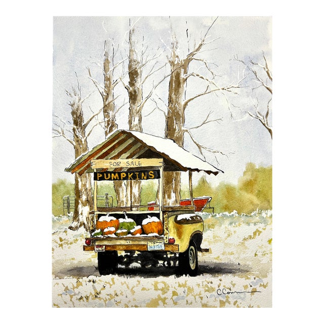 Original Watercolor Ink and Wash Painting “Pumpkin Cart” For Sale